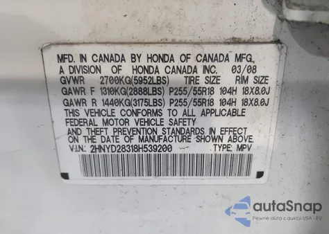 2008 Acura Mdx Technology Package из США, поврежденный, VIN 2HNYD28318H539200